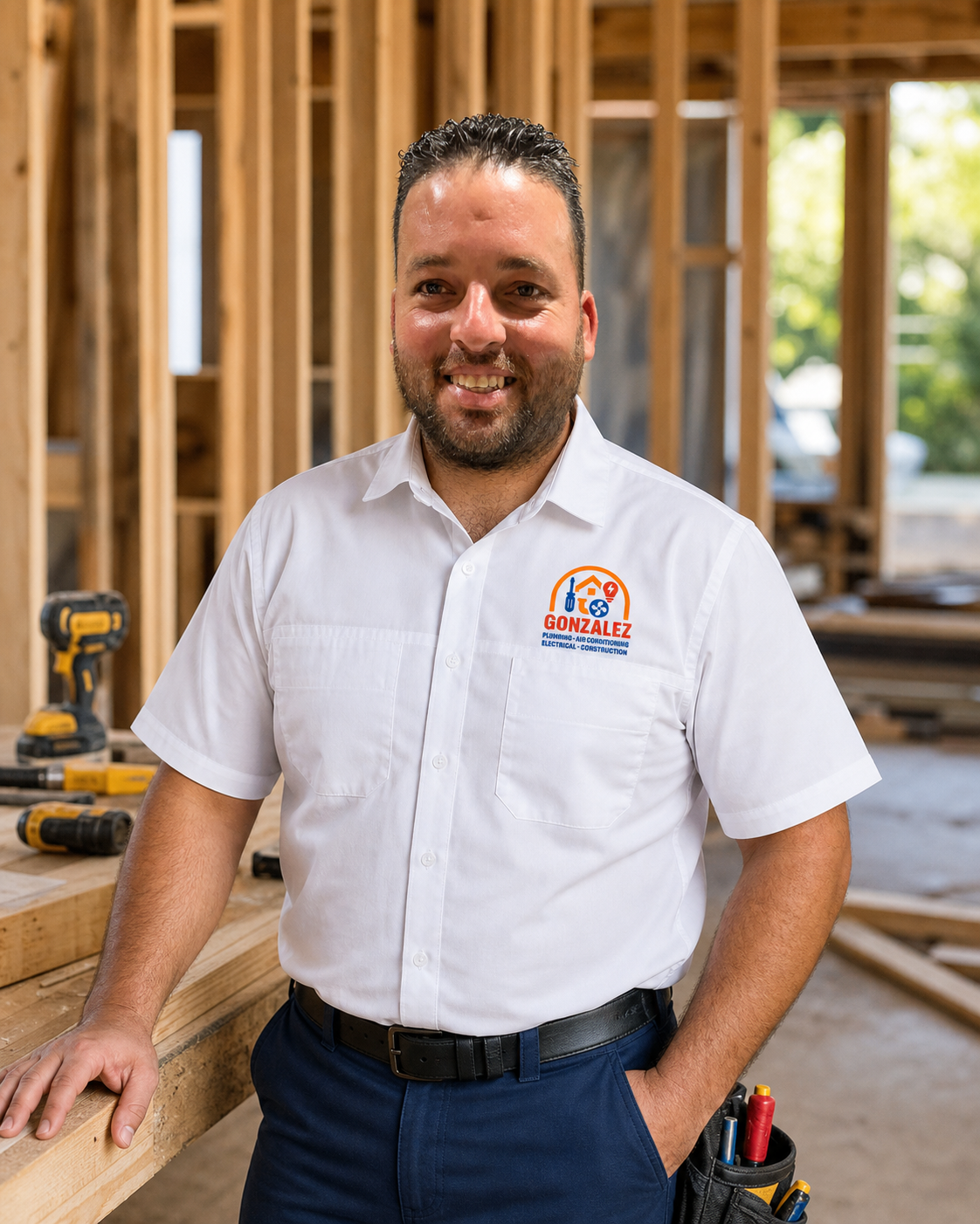 Mr. Gonzalez, owner of Gonzalez Services & Solutions, standing in a home under renovation